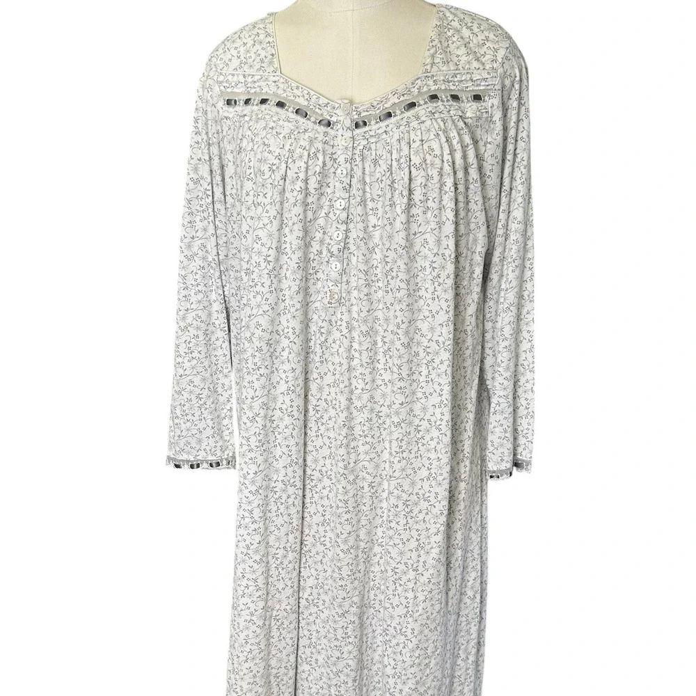 Eileen West Nightgown Women M  White Floral Lace‎ Trim Long Sleeve Cotton Modal